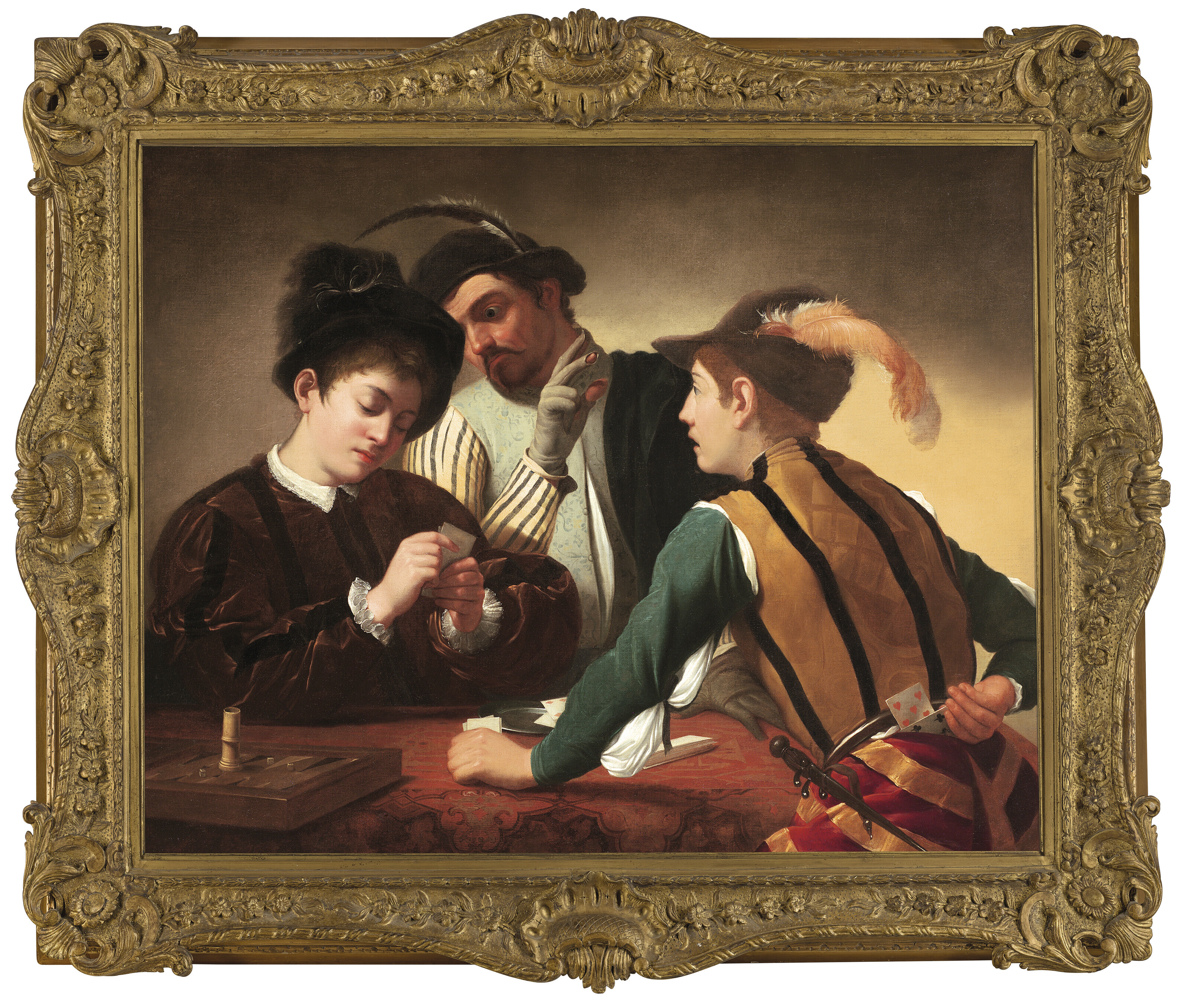 Three men play cards at a table, with one secretly hiding cards behind his back.
