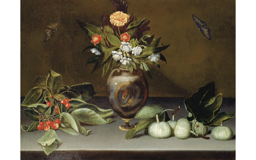 A vase with flowers, cherries, figs, and two butterflies on a table.