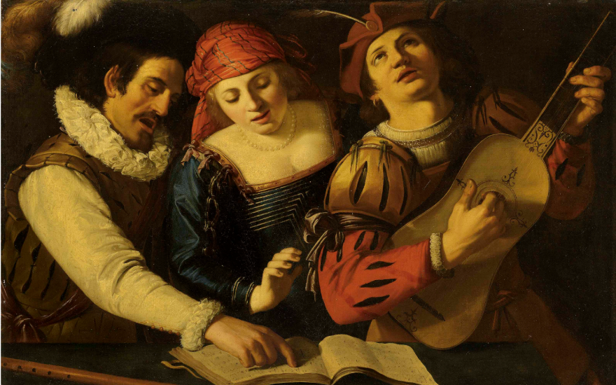 Three people in period costumes are singing and playing guitar while looking at sheet music.