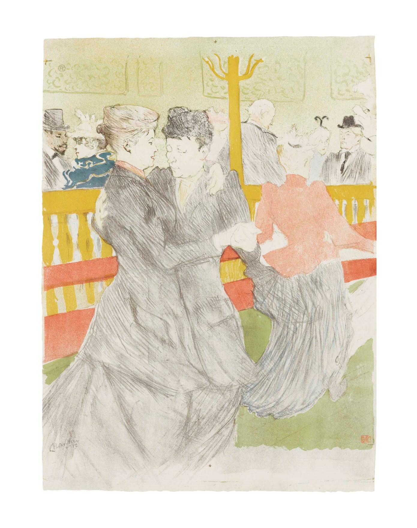 Two women are dancing closely in a lively, elegant ballroom scene.