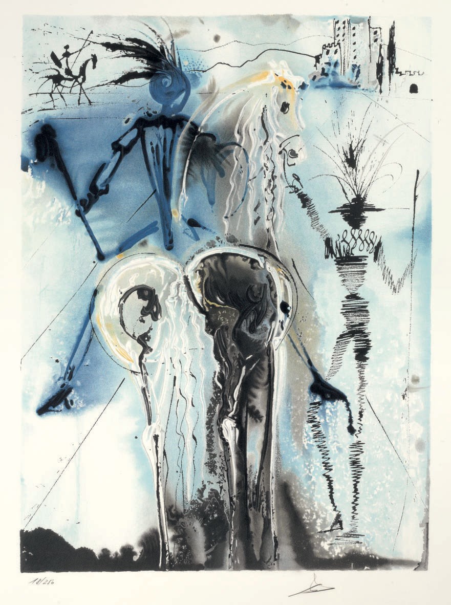 A surreal painting depicts abstract figures, a horse, and a distant landscape in blue and black tones.