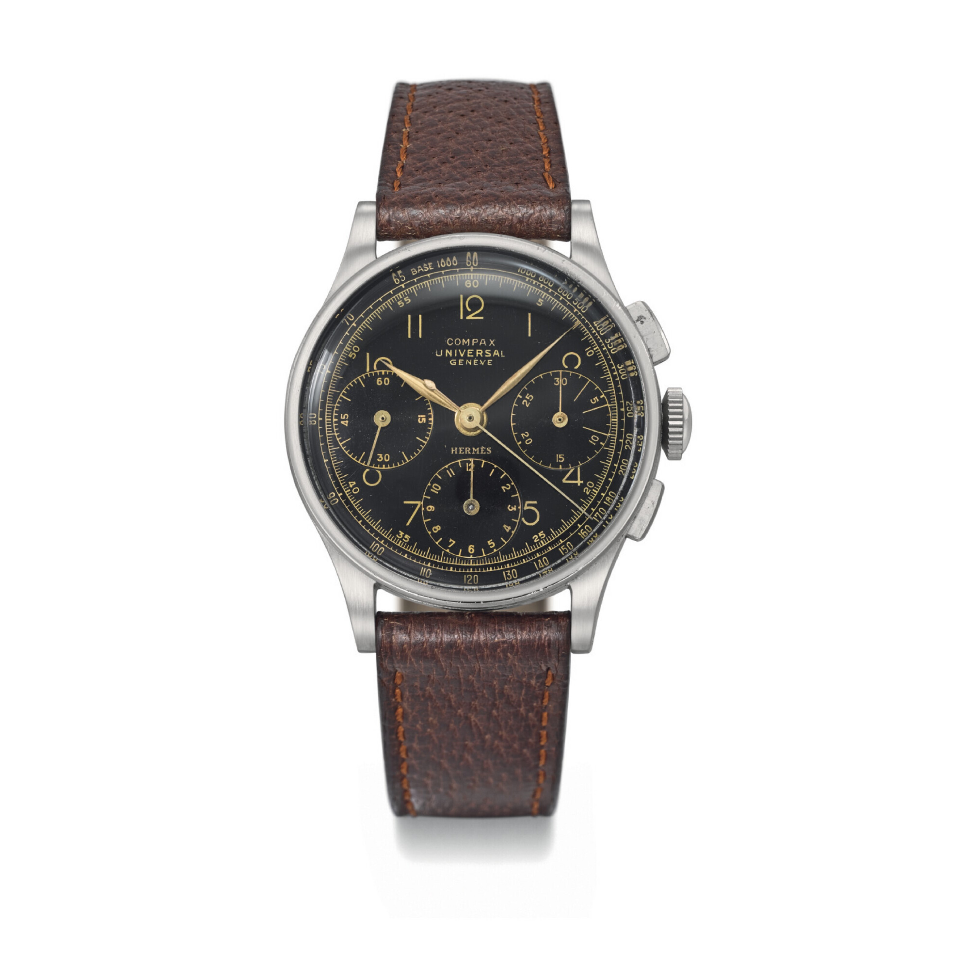 A vintage wristwatch with a black dial, three subdials, and a brown leather strap.