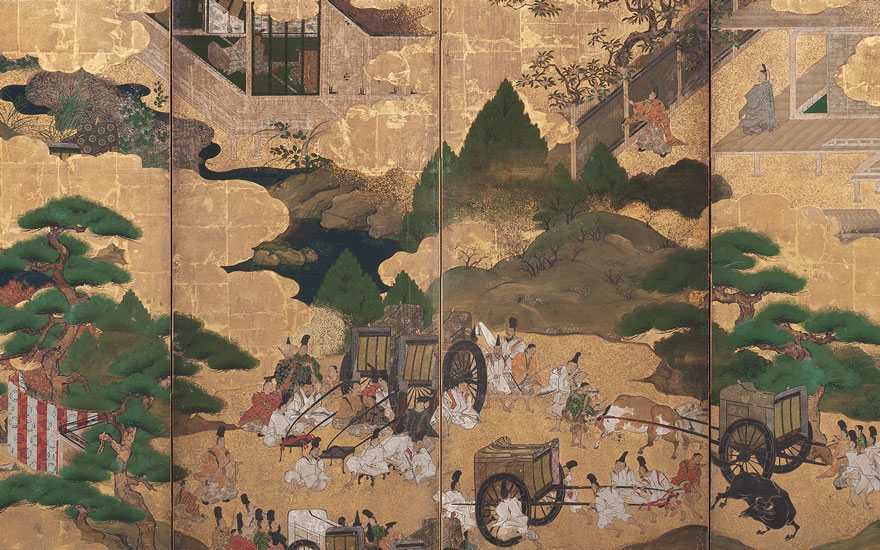 A Six Panel Antique Japanese Screen Depicting Fans A Six Panel Antique Japanese Screen Depicting Fans