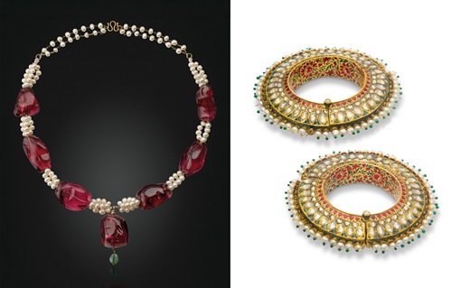 Image displays a pearl and red gemstone necklace and two intricately designed gold bangles with enamel work.