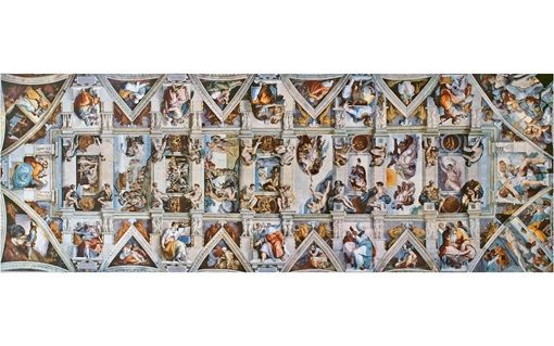 This is the Sistine Chapel ceiling painted by Michelangelo, featuring biblical scenes and figures in vibrant frescoes.