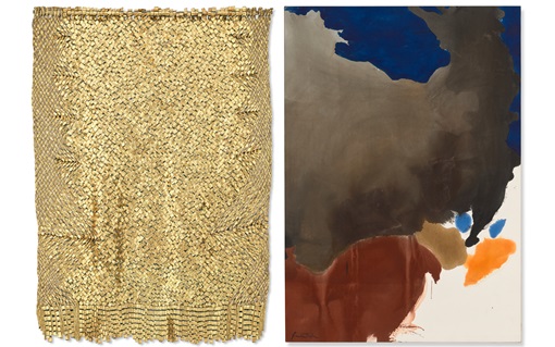 The image shows a gold woven textile on the left and an abstract painting with bold colors on the right.