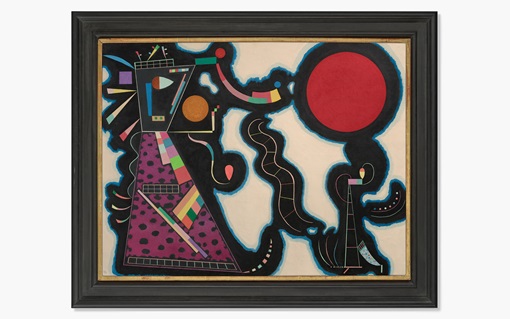 Abstract painting with geometric shapes, vibrant colors, and a large red circle on the right.