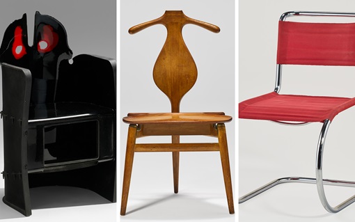 Three uniquely designed chairs: black artistic, wooden sculptural, and red modern metal.