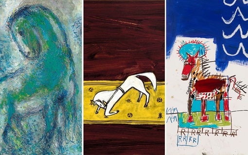 Three abstract paintings of animals in different styles and colors are shown side by side.