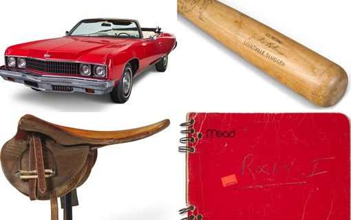 A red convertible car, a baseball bat, a horse saddle, and a red notebook labeled "Rocky I."