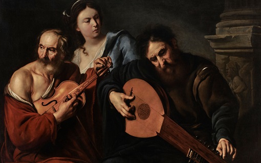 Three people are playing musical instruments together in a dark, classical setting.