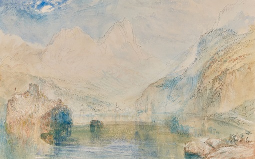 A serene watercolor landscape depicts mountains, a calm lake, and a castle on the left shore.