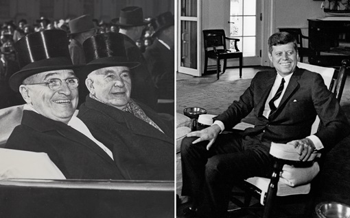 The image is split: on the left, two people in top hats at an event; on the right, a man in a suit seated indoors.