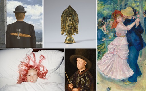 A collage of five diverse artworks including paintings, a sculpture, and a photograph.