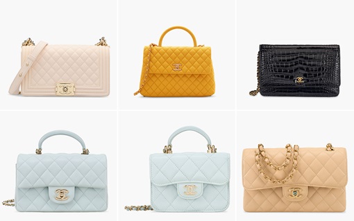 Six quilted Chanel handbags in various colors and styles are displayed on a white background.