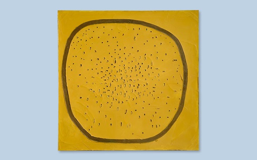 A yellow abstract painting with a thick circular border and scattered black dots inside.