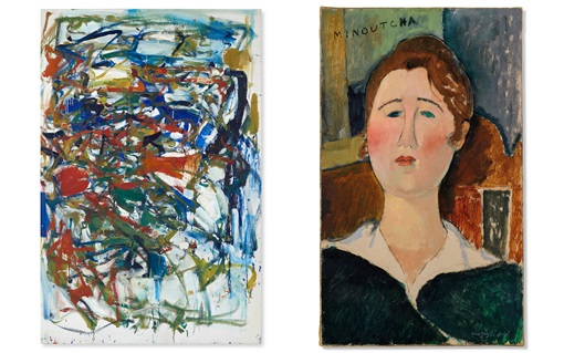 An abstract painting with colorful chaotic strokes is shown next to a portrait of a woman.