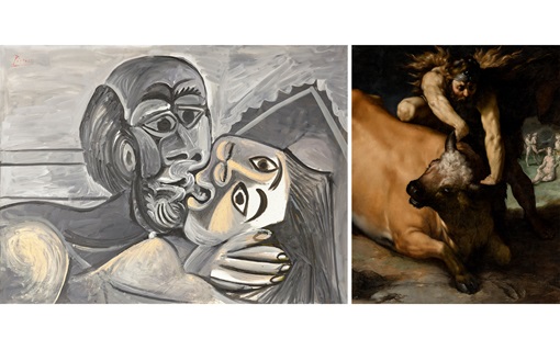 The image shows a split view: on the left, a Cubist-style painting of two faces close together, on the right, a classical painting of a man grappling with a bull.