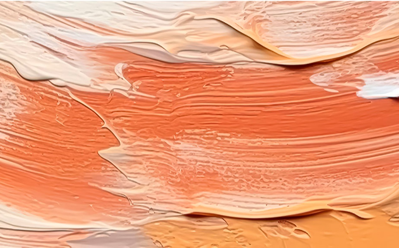 Abstract painting with orange, peach, and cream-colored textured brushstrokes.