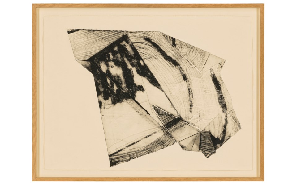 A black and white abstract geometric shape is centered on a plain background within a wooden frame.