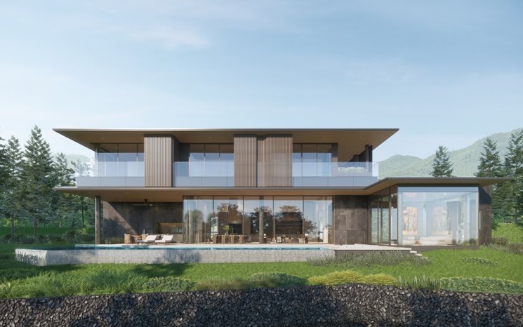 A modern two-story house with large glass windows, a pool, and surrounded by greenery.