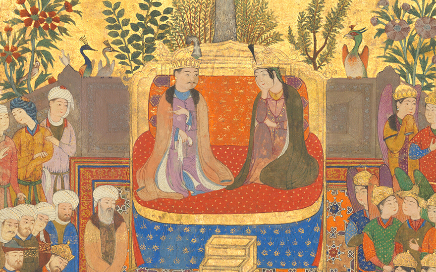 Baysunghur in the guise of Solomon with the Queen of Sheba, Timurid Herat, mid-15th century (detail)