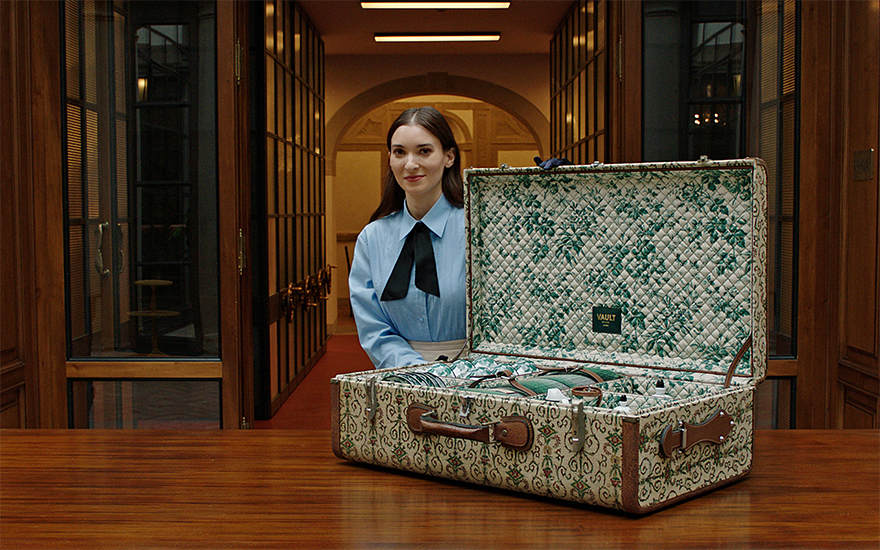 Christie’s specialist Rachel Koffsky with the 1950s ‘Rinascimento’ suitcase from Gucci Vault, which has been refashioned by artisans into a picnic set