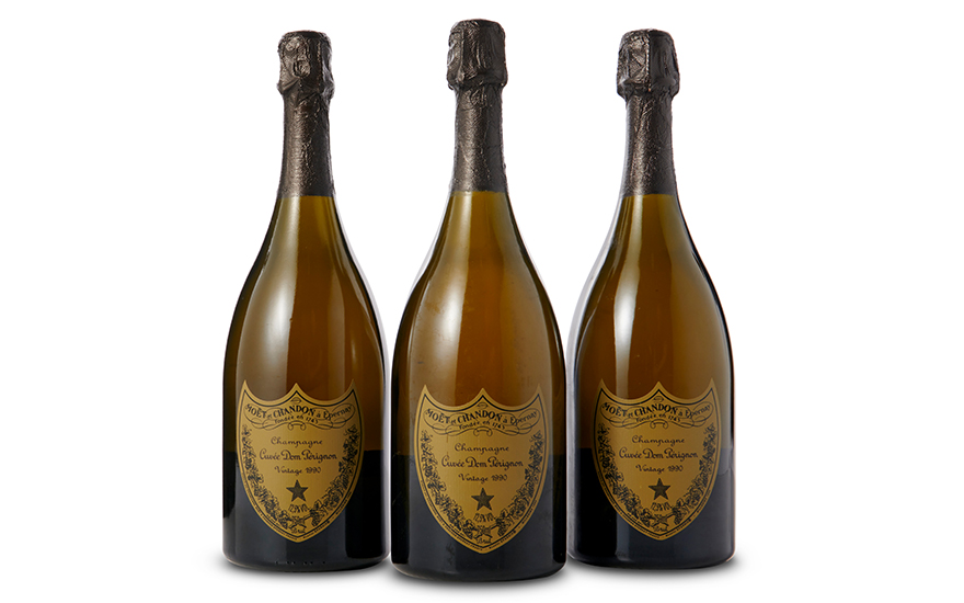 Three bottles of vintage Dom Pérignon 1990