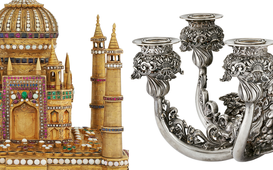 Left: A Portugese 18k gold model of the Taj Mahal set with diamonds, pearls, emeralds, rubies and opals, modern. Right: The Hopkins Searles centerpiece: an important American silver six-light candelabra centerpiece bowl and mirror plateau, mark of Tiffany & Co. New York, 1884-1886