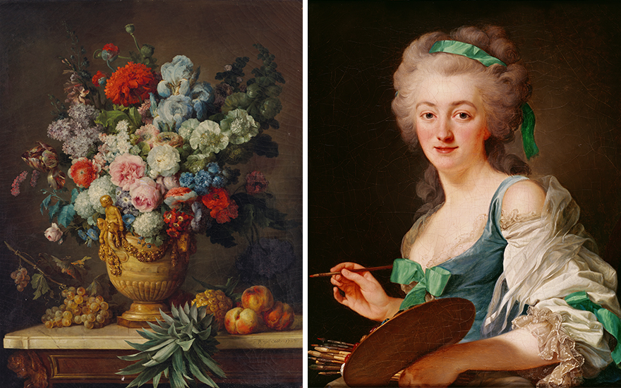 Left, Anne Vallayer-Coster (1744-1818), Nature morte au vase d’albâtre, 1783. Right, Alexander Roslin (1718-1793), Portrait of Anne Vallayer-Coster, 1783 