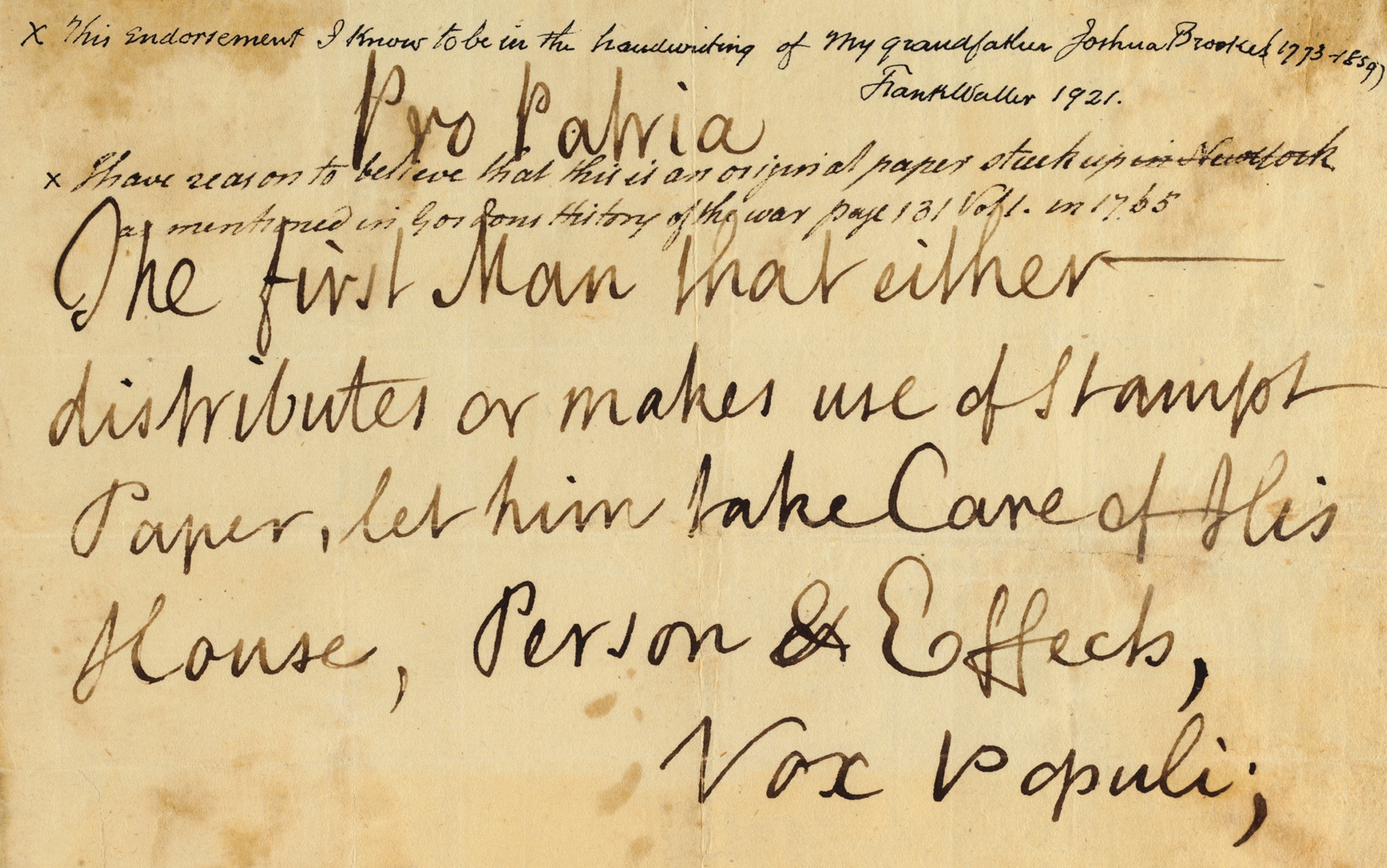 The Stamp Act defiance placard, written by the Sons of Liberty, 23-24 October 1765