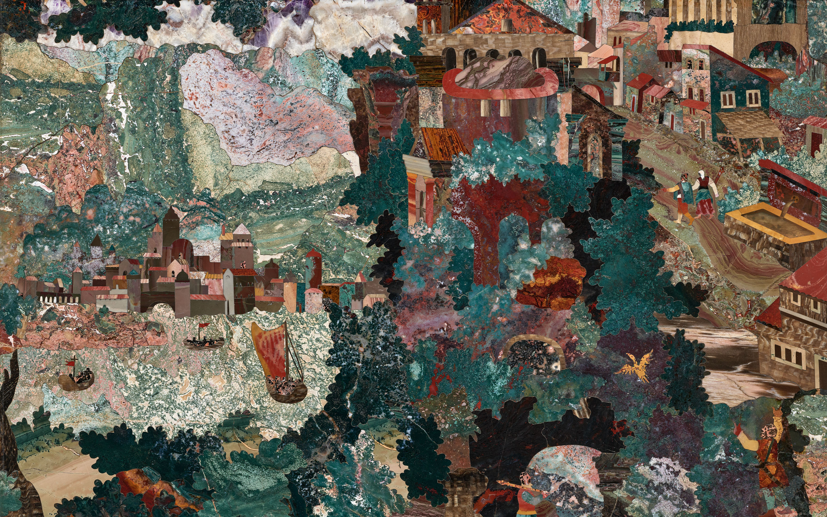 A pietra dura, rock crystal and fossilised wood marquetry plaque representing the city of Prague, attributed to Cosimo Castrucci, circa 1590-1619 (detail)