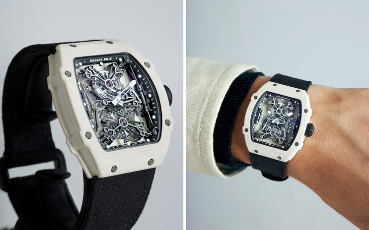 Two images of a Richard Mille watch, one close-up on a surface and the other worn on a wrist.