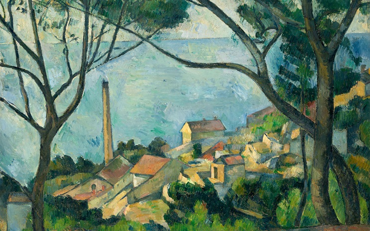 A seaside village viewed through trees, depicted in an expressionist style with vivid brushwork and bold colors.