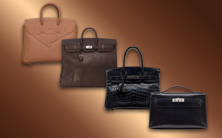 Four luxury handbags in brown and black shades are displayed against a gradient brown background.