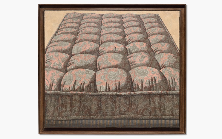 A painting depicting a detailed, patterned mattress framed against a complementary patterned backdrop.