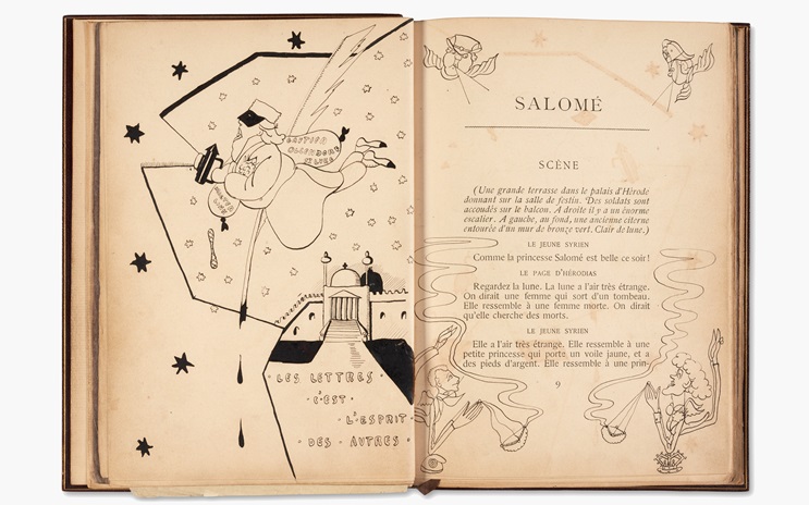 Open book with illustrated and text pages; left shows a flying angelic figure, right features French text for “Salome” with more illustrations.