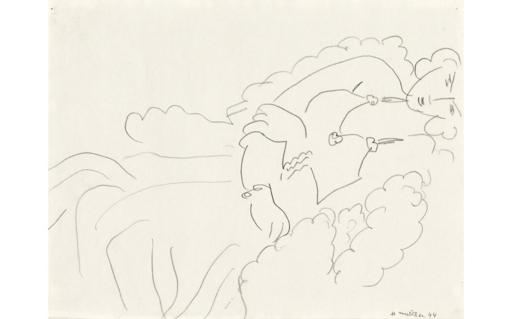 A line drawing of a reclining woman surrounded by soft, cloud-like shapes.