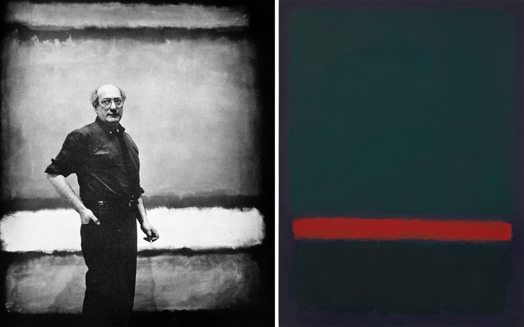 A person stands in front of an abstract painting; next to it is another abstract artwork with dark colors.
