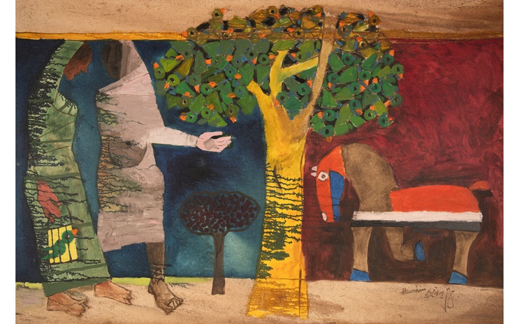 A colorful abstract painting depicts two human figures, a tree, a horse, and a vibrant background.