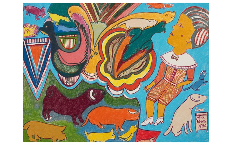 A colorful drawing features animals, a seated child, and abstract shapes on a bright background.