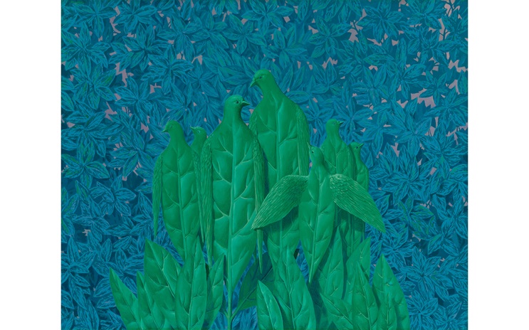 Green birds made of leaves are standing among dense blue foliage in a surreal, nature-inspired scene.