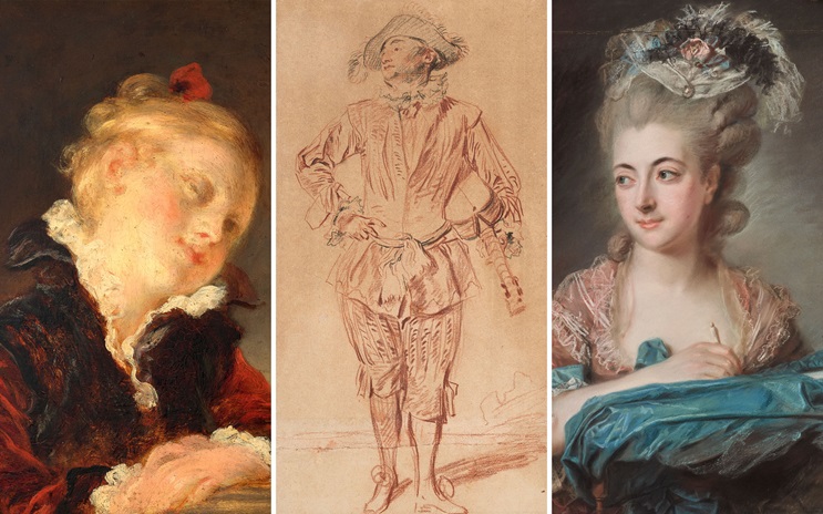 Three Rococo-style portraits: a woman with a red bow, a man in costume, and a lady in elaborate dress.