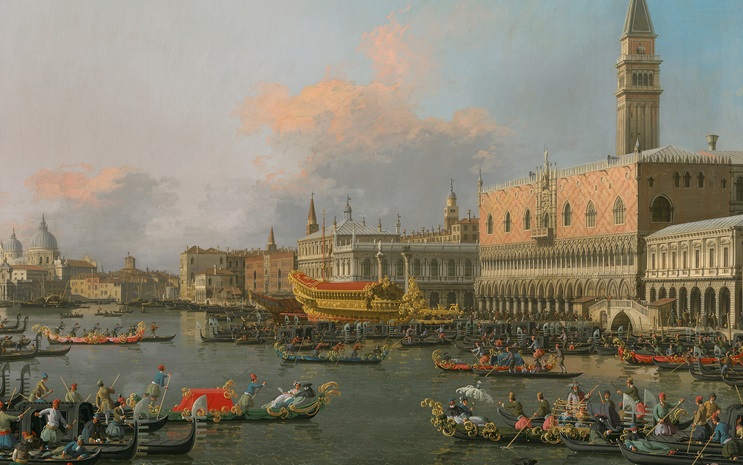 A festive scene in Venice with gondolas on the canal and the Doge