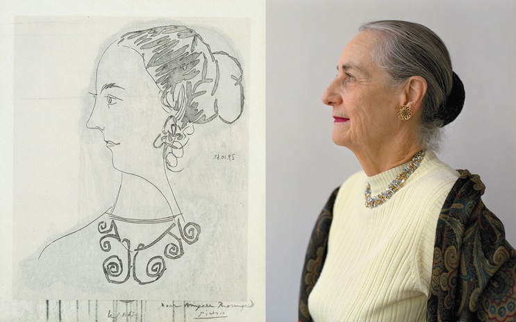 A woman in profile is shown next to a similar profile drawing, both with hair in a bun.