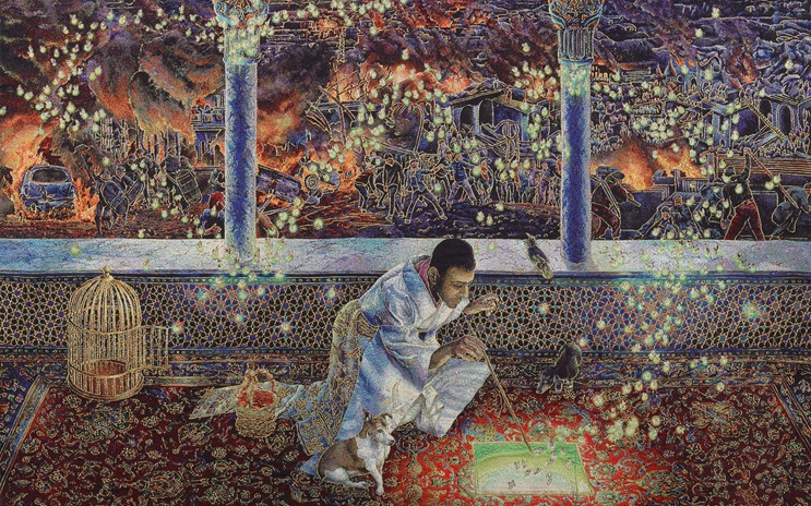 A person sits on a ornate rug drawing, surrounded by birds, as chaos and fire rage outside.
