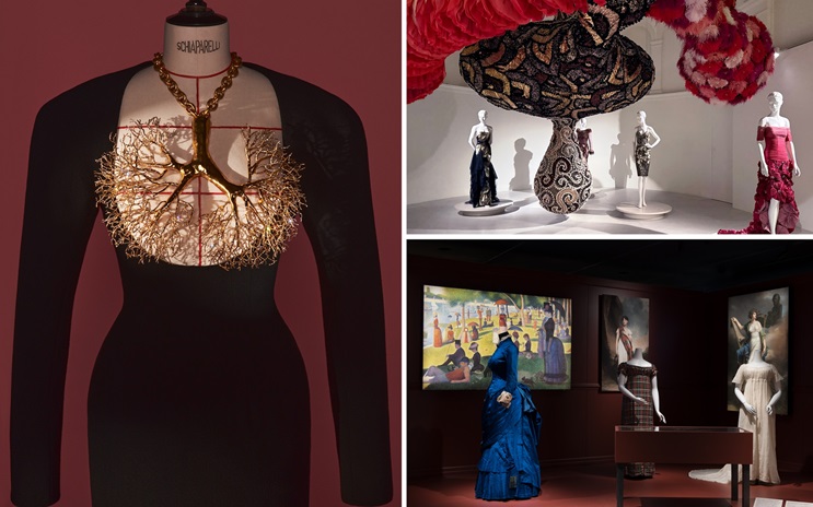 The image shows three scenes from a fashion exhibit, featuring artistic and historical dresses on mannequins.