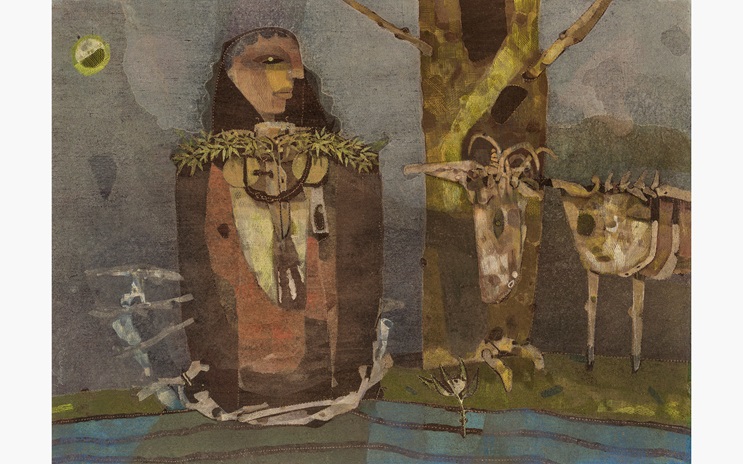 A figure stands next to two stylized animal forms by a tree near water, in an abstract artwork.
