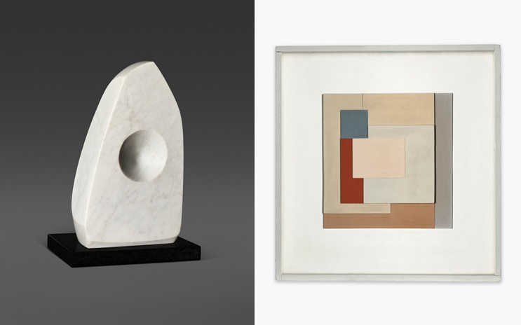A marble abstract sculpture and a geometric abstract painting are displayed side by side.