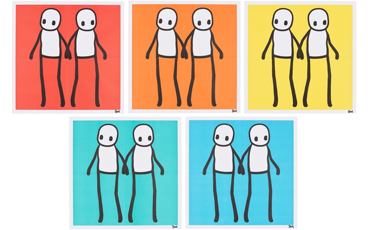 Two stick figures holding hands are shown against different colored backgrounds in each image.